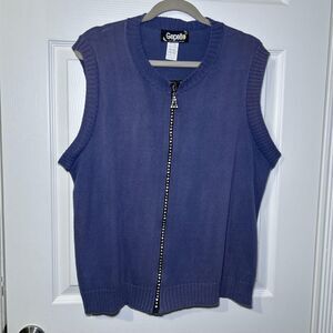 Gepetto Sweater Vest Women's XL Blue Zip Rhinestone Knit Made USA Sleeveless